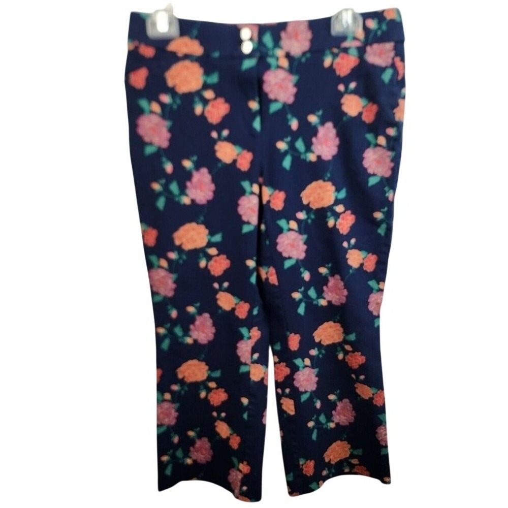 Chicos Capri Pants Womens 10 Blue Pink Floral Stretch Mid Rise Vacation Casual